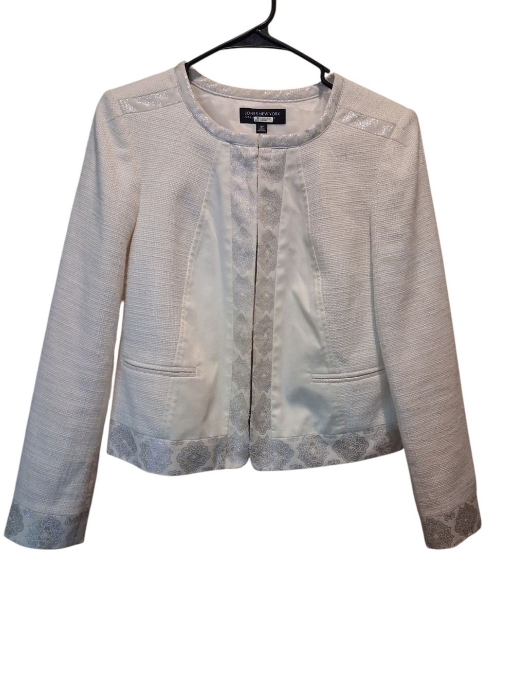 Jones New York Ivory Collarless Jacket with Patterned Trim